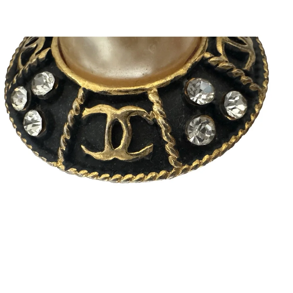 Chanel Clip-On Earrings Black Gold Crystals Faux-Pearl Vintage Stamped CC France